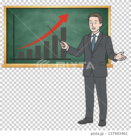 成長グラフを説明するビジネス男性のシンプル素材 売上向上イメージ 白背景 137983461
