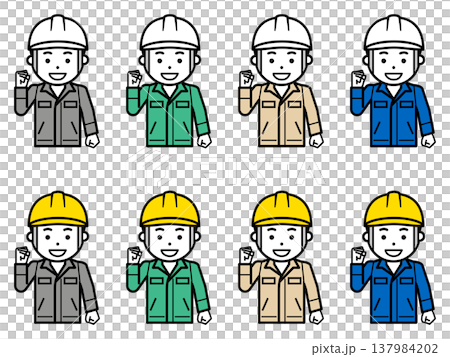 一個頭戴頭盔、穿著工作服的男人擺出勝利姿勢的圖示。第二部分 137984202