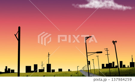 夕焼けに染まる道路の横長背景イラスト 夕焼けに染まる道路の横長背景イラスト 137984259