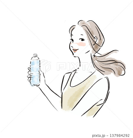 ナチュラルな日本人女性の水分補給イラスト（水彩風・広告素材） 137984292