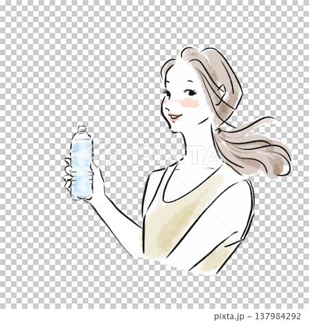ナチュラルな日本人女性の水分補給イラスト（水彩風・広告素材） 137984292