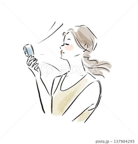 ナチュラルな日本人女性の暑さ対策イラスト（水彩風・広告素材） 137984293