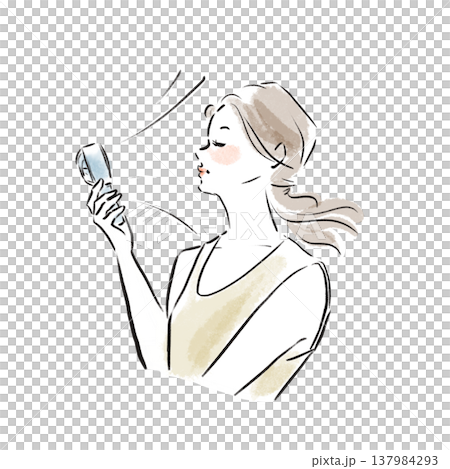 ナチュラルな日本人女性の暑さ対策イラスト（水彩風・広告素材） 137984293