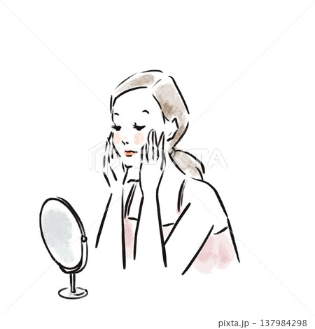 ナチュラルな日本人女性の美容イラスト（水彩風・広告素材） 137984298
