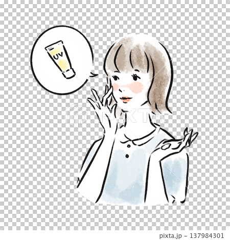 Natural-looking illustration of a Japanese woman's sun protection measures (watercolor style, advertising material) 137984301