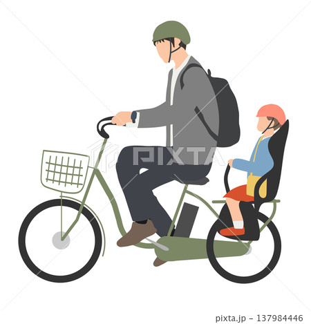 子どもを乗せて自転車に乗る父親 子育て送迎のイラスト 子どもを乗せて自転車に乗る父親 子育て送迎のイラスト 137984446