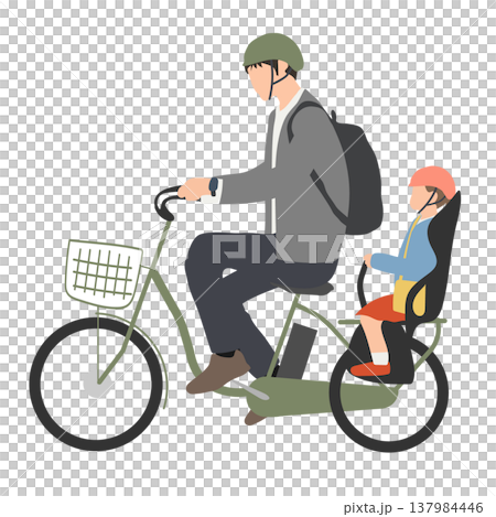 一幅插圖,描繪了一位父親騎著自行車,孩子坐在後座。 一幅插圖,描繪了一位父親騎著自行車,孩子坐在後座。 137984446