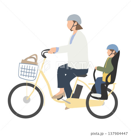 子どもを乗せて自転車に乗る母親 保育園送迎のイラスト 137984447