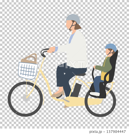 一幅插圖，描繪了一位母親騎著自行車，孩子坐在後座上，接送他們往返托兒所。 137984447