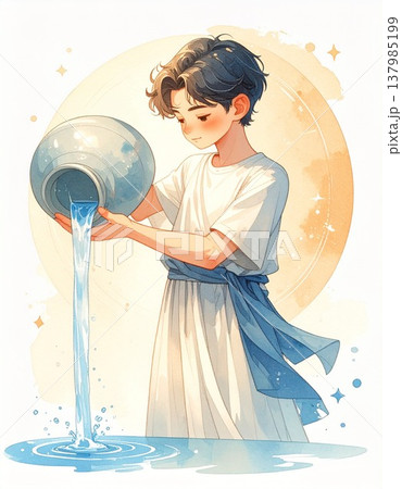 水瓶を持つ少年の水彩イラスト|十二星座・星占いモチーフ3/チラシやポスター用素材 水瓶を持つ少年の水彩イラスト|十二星座・星占いモチーフ3/チラシやポスター用素材 137985199