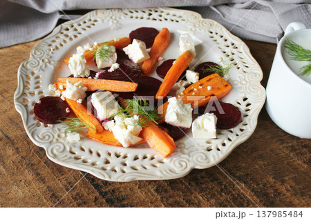 Roasted Carrots and Beets Salad with Feta Cheese	 137985484