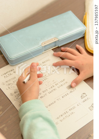 算数ドリルを解く子ども 集中した学習シーン 算数ドリルを解く子ども 集中した学習シーン 137985597