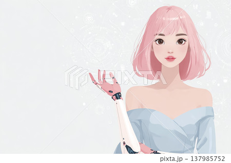 絵美シリーズ：サイバーアームを上げるピンク髪の若いアンドロイド女性のイラスト素材 137985752
