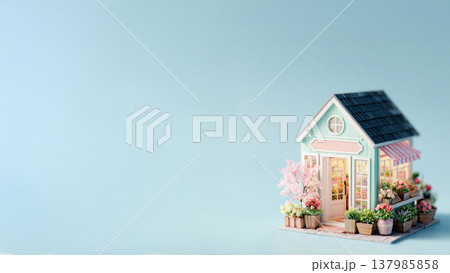 桜のある花屋 ミニチュアフラワーショップ 横長バナー コピースペース 137985858