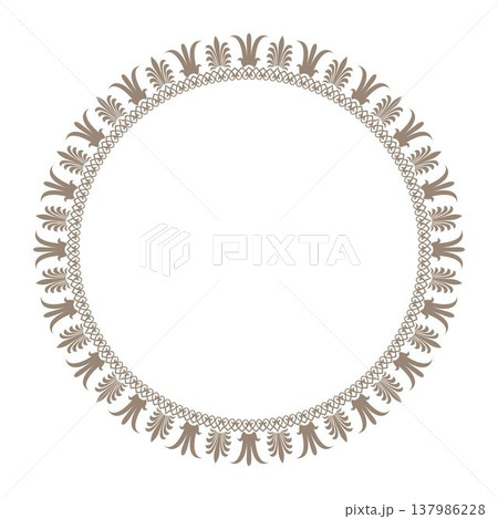 Beautiful round frame arabesques. Plate with gold floral design. Vintage, ethnic vector frame with arabesques EPS. Pattern frame for round surfaces, household utensils, textiles, embroidery, plate, po 137986228
