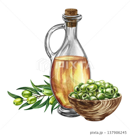 A glass bottle of oil, olives in a wooden cup, and an olive branch. A hand-drawn watercolor illustration. A design element for menus, recipes, and cookbooks. For banners, packaging, labels, and more. 137986245