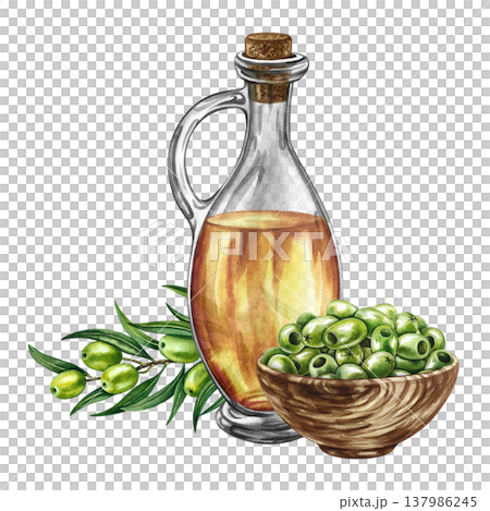 A glass bottle of oil, olives in a wooden cup, and an olive branch. A hand-drawn watercolor illustration. A design element for menus, recipes, and cookbooks. For banners, packaging, labels, and more. 137986245