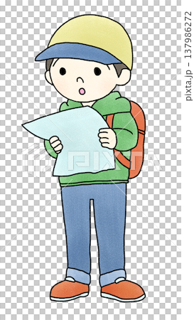 A man looking at a map, a child's hand-drawn illustration A man looking at a map, a child's hand-drawn illustration 137986272