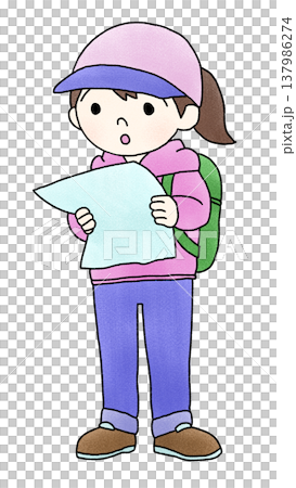 地図を見る女性、子供の手描きイラスト 137986274