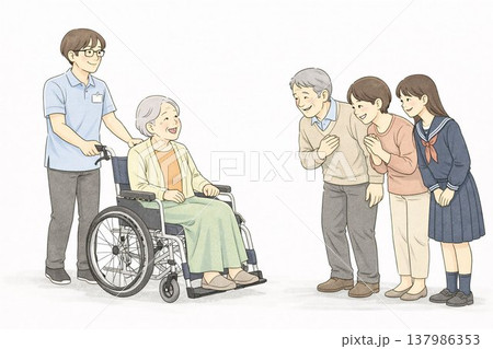 デイサービス帰宅迎える家族と高齢者／Family Welcoming Elderly at Home 137986353