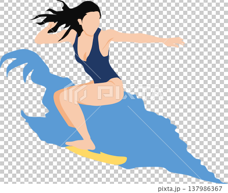 荒波をサーフィンする女性のイラスト 137986367