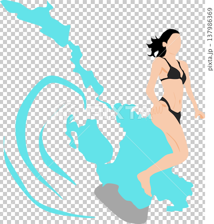 Illustration of a woman surfing on rough waves 137986369