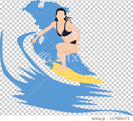 Illustration of a woman surfing on rough waves 137986371