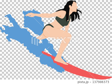 荒波をサーフィンする女性のイラスト 137986373