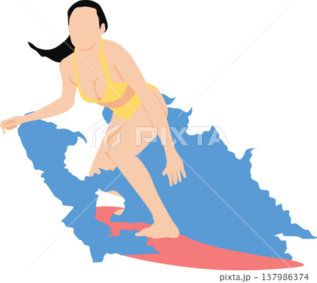 荒波をサーフィンする女性のイラスト 137986374