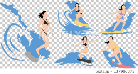 Illustration of a woman surfing on rough waves Illustration of a woman surfing on rough waves 137986375
