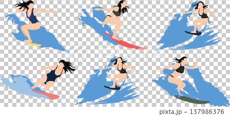 荒波をサーフィンする女性のイラスト 荒波をサーフィンする女性のイラスト 137986376