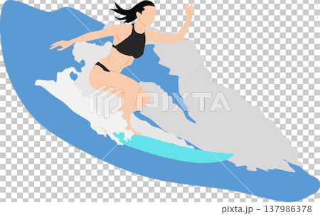 Illustration of a woman surfing on rough waves Illustration of a woman surfing on rough waves 137986378