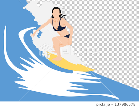 荒波をサーフィンする女性のイラスト 137986379