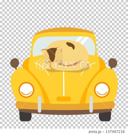 一幅貓咪在黃色汽車引擎蓋上打盹的插圖。 137987216