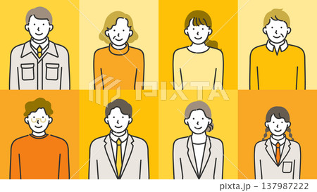 シニア・社会人・制服学生の老若男女集合・笑顔とニュートラル表情の線画イラストセット 137987222