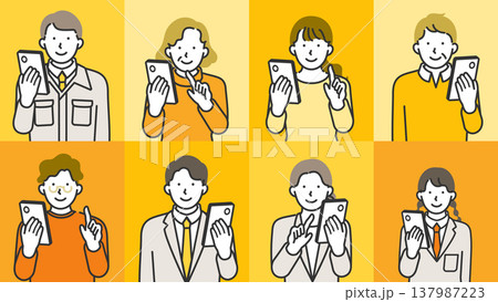 シニア・社会人・制服学生の老若男女がスマートフォンを操作する笑顔の線画イラストセット シニア・社会人・制服学生の老若男女がスマートフォンを操作する笑顔の線画イラストセット 137987223