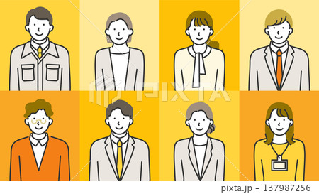 スーツ・オフィスカジュアルの男女社会人集合・笑顔とニュートラル表情の線画イラストセット 137987256