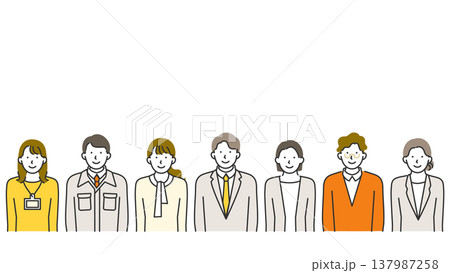 コピースペースあり・スーツ・オフィスカジュアルの男女社会人集合・笑顔の横型バナー線画イラスト コピースペースあり・スーツ・オフィスカジュアルの男女社会人集合・笑顔の横型バナー線画イラスト 137987258