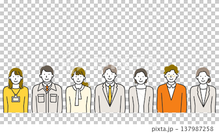 コピースペースあり・スーツ・オフィスカジュアルの男女社会人集合・笑顔の横型バナー線画イラスト コピースペースあり・スーツ・オフィスカジュアルの男女社会人集合・笑顔の横型バナー線画イラスト 137987258
