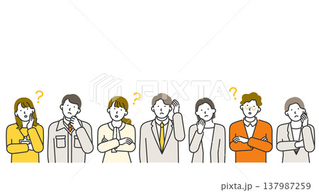 コピースペースあり・スーツ・オフィスカジュアルの男女社会人が悩む・疑問に思う横型バナー線画イラスト コピースペースあり・スーツ・オフィスカジュアルの男女社会人が悩む・疑問に思う横型バナー線画イラスト 137987259