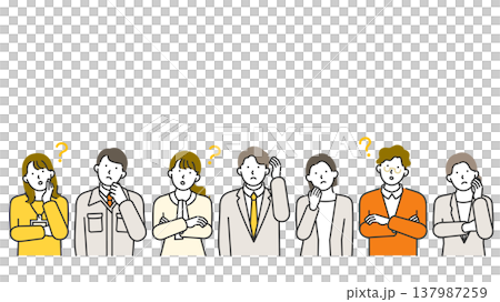 コピースペースあり・スーツ・オフィスカジュアルの男女社会人が悩む・疑問に思う横型バナー線画イラスト コピースペースあり・スーツ・オフィスカジュアルの男女社会人が悩む・疑問に思う横型バナー線画イラスト 137987259
