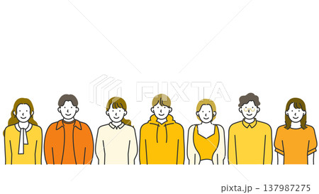 コピースペースあり・GenZ・Z世代の男女集合・笑顔の横型バナー線画イラスト 137987275