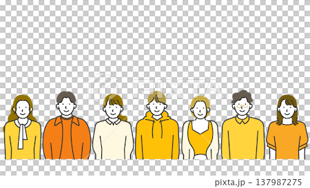 コピースペースあり・GenZ・Z世代の男女集合・笑顔の横型バナー線画イラスト 137987275