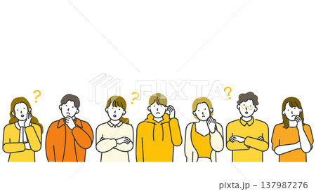コピースペースあり・GenZ・Z世代の男女が悩む・疑問に思う横型バナー線画イラスト コピースペースあり・GenZ・Z世代の男女が悩む・疑問に思う横型バナー線画イラスト 137987276