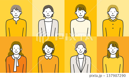 若い女性のみの集合・笑顔とニュートラル表情の線画イラストセット 137987290