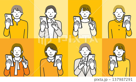 若い女性のみがスマートフォンを操作する笑顔の線画イラストセット 137987291