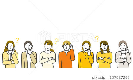 コピースペースあり・若い女性のみが悩む・疑問に思う横型バナー線画イラスト 137987293