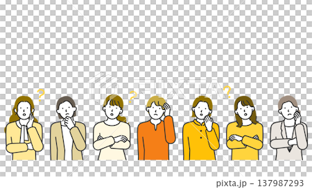 コピースペースあり・若い女性のみが悩む・疑問に思う横型バナー線画イラスト 137987293