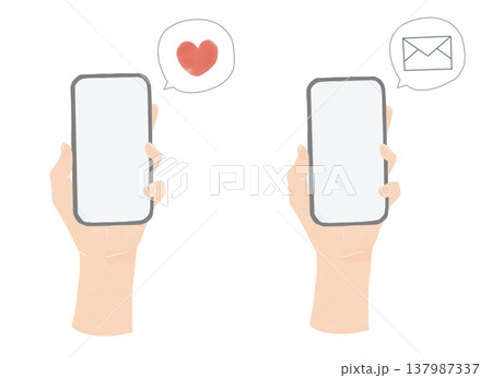 水彩風のスマホを持つ手のイラスト ハートとメール通知の2種素材 137987337