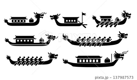 Black Solid Traditional Chinese Dragon Boats and Racing Vessels Silhouettes Set of Six on White Background Black Solid Traditional Chinese Dragon Boats and Racing Vessels Silhouettes Set of Six on White Background 137987573